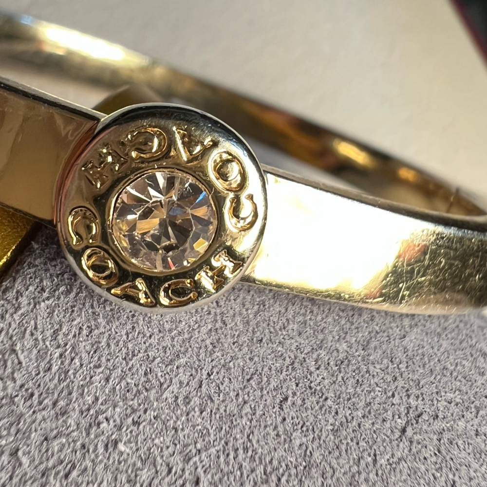 Gold and Rhinestone Coach Gold Hinged Bangle in EXCELLENT Condition ✨✨